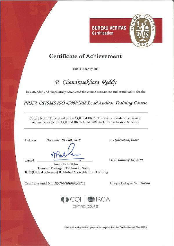 OHSMS ISO 45001:2018 Lead Auditor Training Certificate